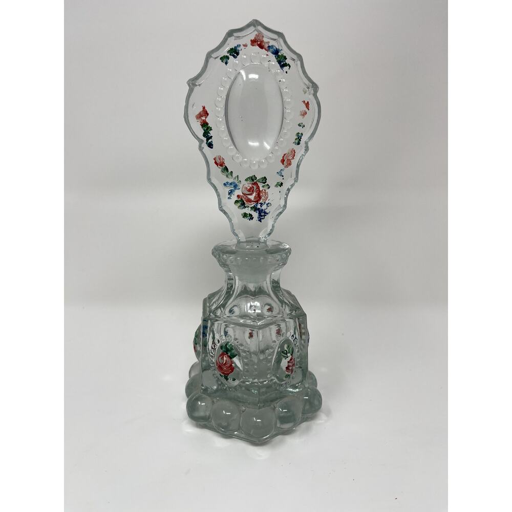 Vintage LE SMITH Hand Painted Floral Crystal Perfume Bottle With Stopper EUC